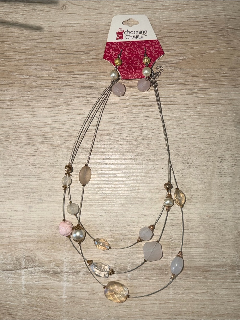 Layered Pink, Gold and Pearl Bead Necklace